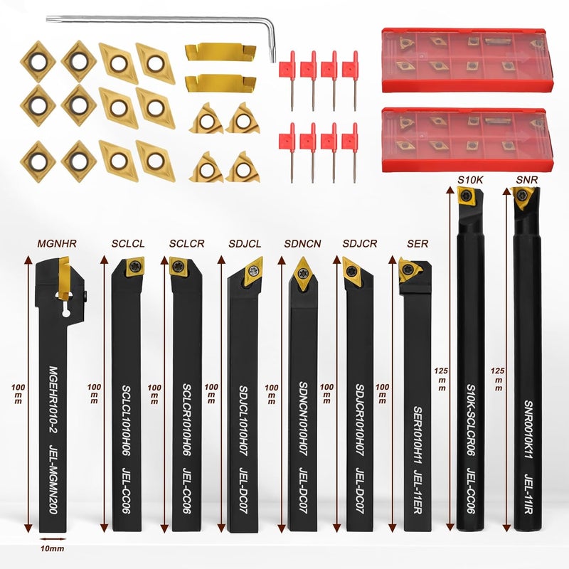 Joogto Indexable Lathe Turning Tool 27Pcs Kit 3/8'' 10mm Shank, 9Pcs Metal Lathe Tools Holder Set with 18Pcs Inserts, for Turning Grooving Threading Boring, Lathe Tooling with Reverse Tool Design - Image 2